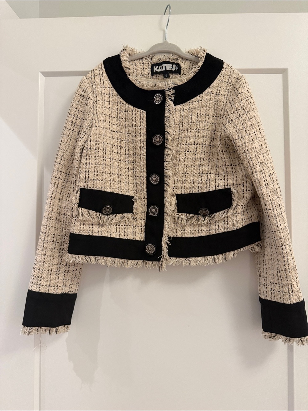 Katie J NYC Cream and Black Tweed Fringe Jacket
